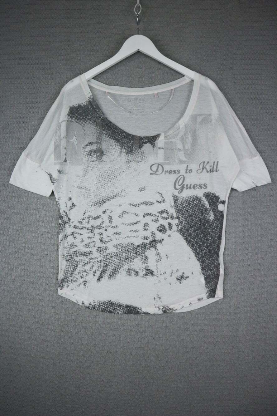 Guess Women's Short Sleeve Sheer Graphic Tee White Size Medium Scoop Neck Dress